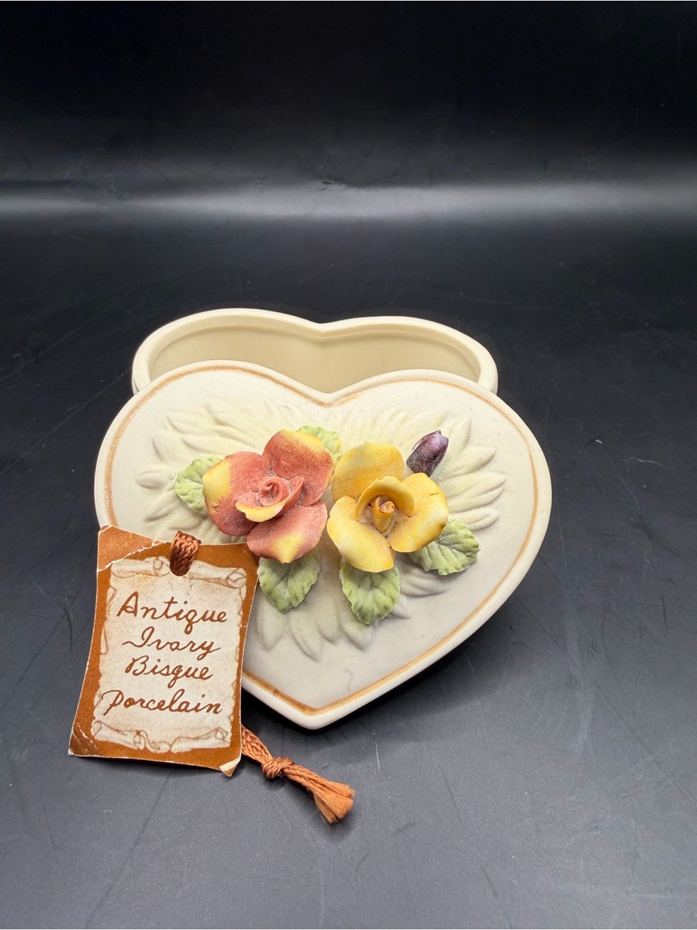Arnart Heart Bisque Porcelain Trinket Box Floral Roses Ivory Vintage